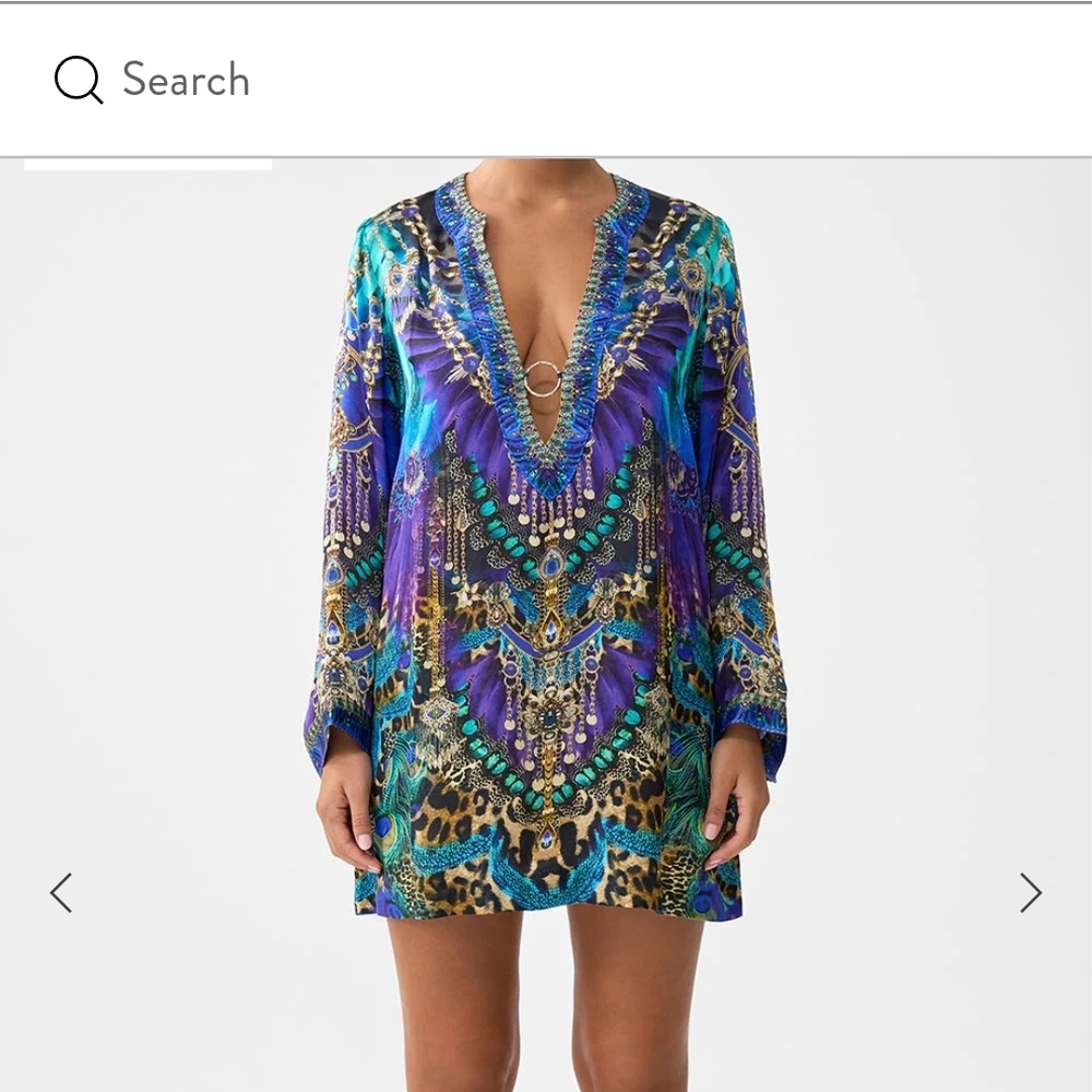 Camilla Vibrant Beaded Blue and Purple Tunic Dress w Leopard Detail   New w/tags